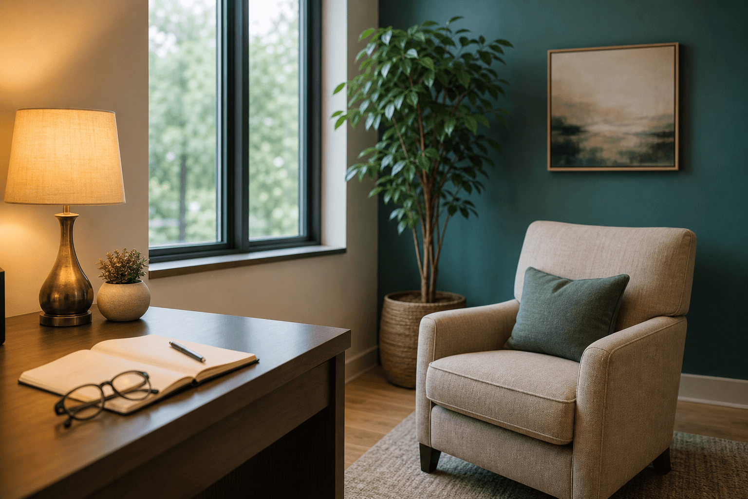 Calm consultation corner with an armchair, desk, open notebook and reading glasses by a sunlit window—a supportive setting for comprehensive psychiatric evaluations.